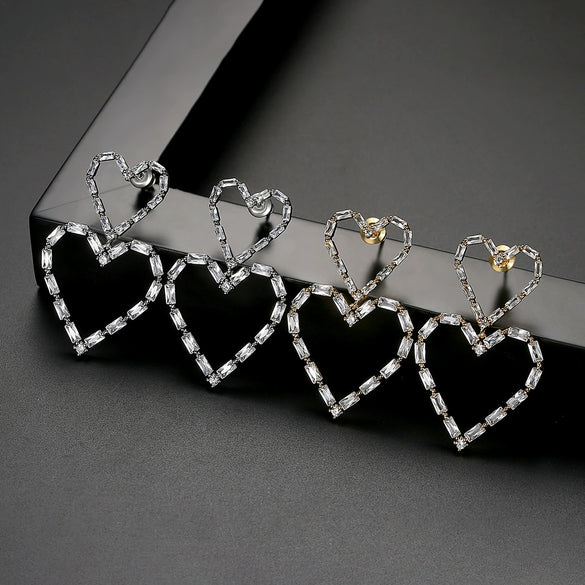 Gold Tone Hollow Double Heart Earrings With Zircon Inlay Electroplated Copper Women's Fashion Jewelry