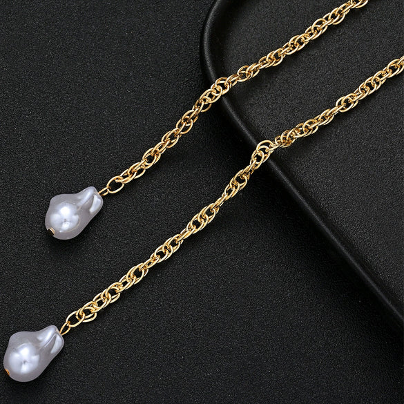 Gold Tone Iron Twisted Rope Necklace With Irregular Baroque Style Pearl Pendant Adjustable Layered Geometric Chain Jewelry For Women