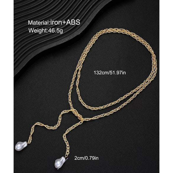 Gold Tone Iron Twisted Rope Necklace With Irregular Baroque Style Pearl Pendant Adjustable Layered Geometric Chain Jewelry For Women