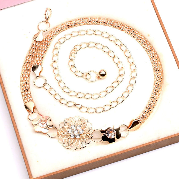 Gold Tone Metal Waist Chain Belt With Rhinestone Accents Alloy Buckle Hook Closure And Floral Punk Streetwear Style