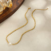 Gold Tone Plated Stainless Steel Rice Grain Beaded Necklace With Irregular Geometric Imitation Pearl Pendant For Women