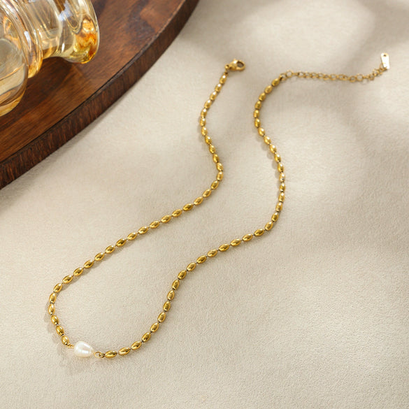 Gold Tone Plated Stainless Steel Rice Grain Beaded Necklace With Irregular Geometric Imitation Pearl Pendant For Women