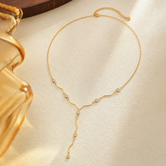 Gold Tone Stainless Steel Wave Tassel Necklace With Zircon Embellishment And Geometric Y Shaped Pendant For Women