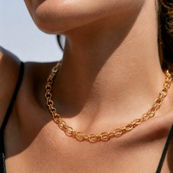 Gold Tone Vacuum Electroplated Stainless Steel Chain Necklace With Geometric Clasp Minimalist Punk Style
