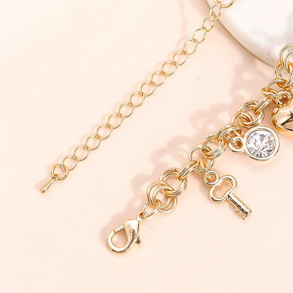 Gold Tone Zinc Alloy Key Lock And Heart Bracelet With Diamond Detail Electroplated Light Luxury Jewelry For Women And Men