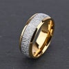 Gold Tungsten Ring With Spherical Meteorite Inlay And Silver Thread Minimalist Geometric Unisex Wedding Band