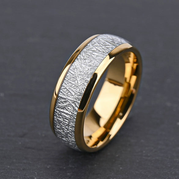 Gold Tungsten Ring With Spherical Meteorite Inlay And Silver Thread Minimalist Geometric Unisex Wedding Band