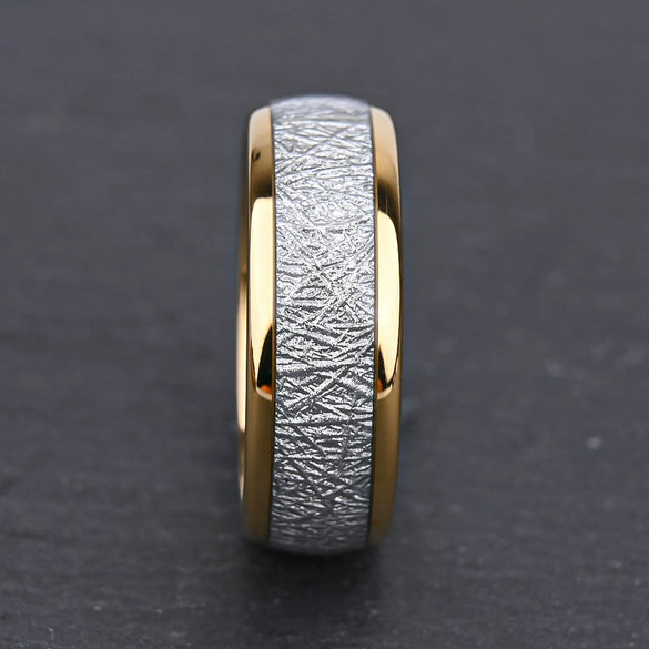Gold Tungsten Ring With Spherical Meteorite Inlay And Silver Thread Minimalist Geometric Unisex Wedding Band
