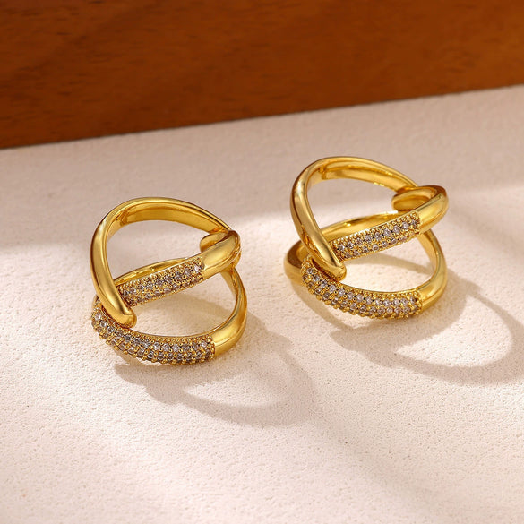 Goldplated Brass Geometric Ring With Synthetic Zircon Accents Twotone Twisted Open Band Adjustable Minimalist Jewelry For Women And Men