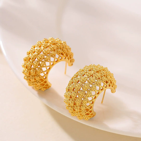 Goldplated Copper Hollowout Cshaped Statement Earrings For Women With Exaggerated Personalized Metal Design