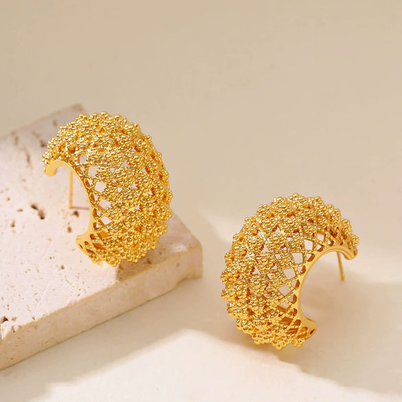 Goldplated Copper Hollowout Cshaped Statement Earrings For Women With Exaggerated Personalized Metal Design