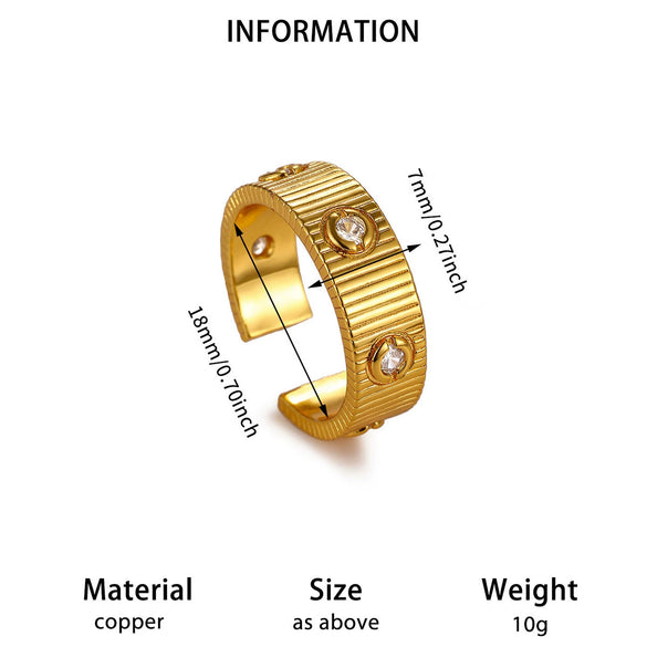 Goldplated Copper Zircon Geometric Wide Stripe Open Ring Exaggerated Minimalist Unisex Statement Jewelry