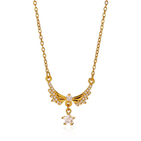 Goldplated Copper Zircon Star Angel Wing Pendant Necklace For Women Sweet Geometric Jewelry