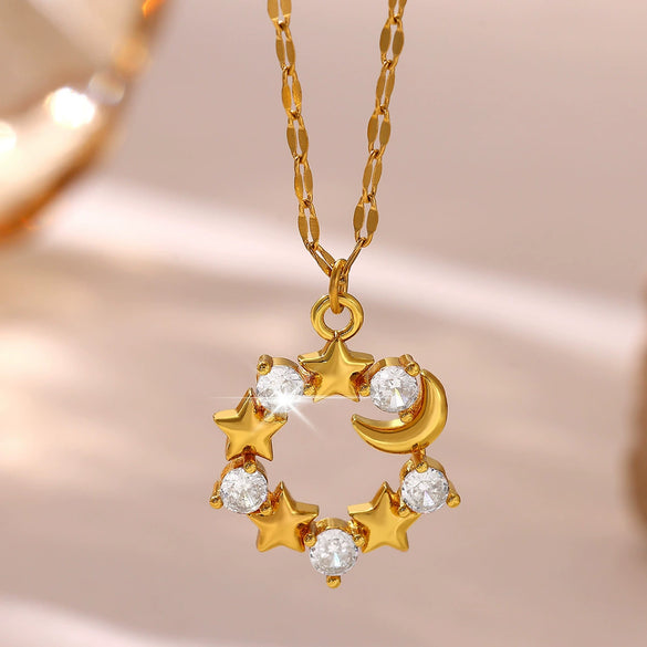 Goldplated Copper Zircon Star Angel Wing Pendant Necklace For Women Sweet Geometric Jewelry