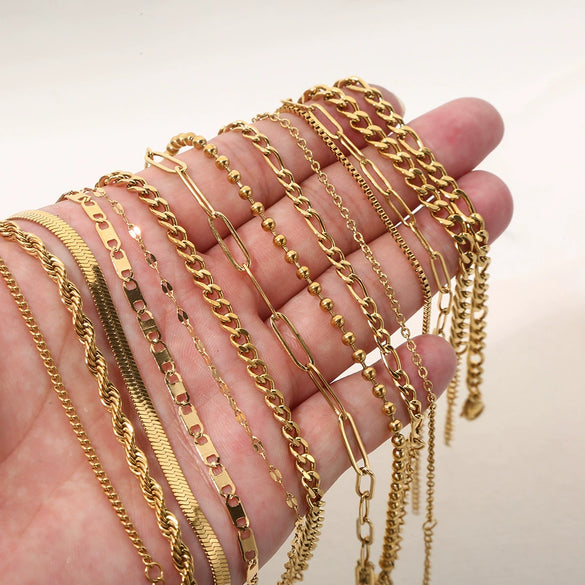 Goldplated Handmade Diy Trendy Bracelets With Snake Bone Chains Cuban Chains Bead Chains In Stainless Steel And Geometric Shape