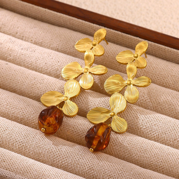 Goldplated Stainless Steel Floral Petal Tassel Stud Earrings For Women Elegant Botanical Statement Jewelry