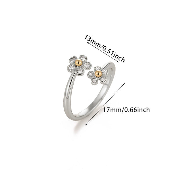 Goldplated Stainless Steel Open Doublelayer Flower Ring With Bright Zircon Details For Women