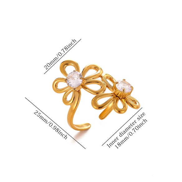 Goldplated Stainless Steel Open Doublelayer Flower Ring With Bright Zircon Details For Women
