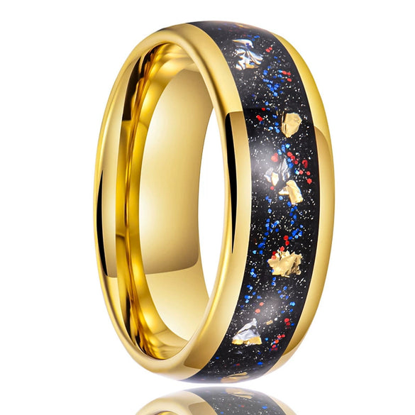 Goldplated Tungsten Steel Couple Rings With Starry Sky Gold Foil Inlay Minimalist Geometric Unisex Bands Wholesale
