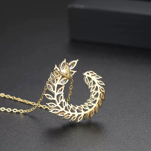 Goldtone Copper Leaf Pendant Necklace With Zircon Inlay Wheat Ear Branch Design And Ochain For Women