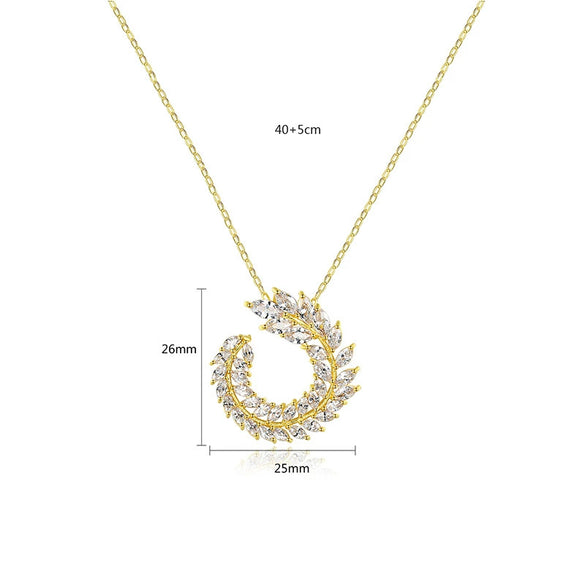 Goldtone Copper Leaf Pendant Necklace With Zircon Inlay Wheat Ear Branch Design And Ochain For Women