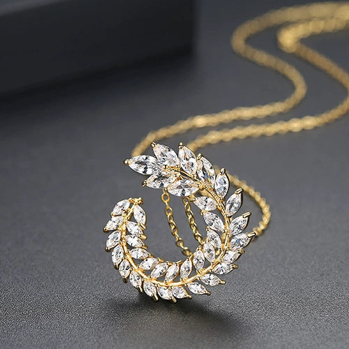 Goldtone Copper Leaf Pendant Necklace With Zircon Inlay Wheat Ear Branch Design And Ochain For Women