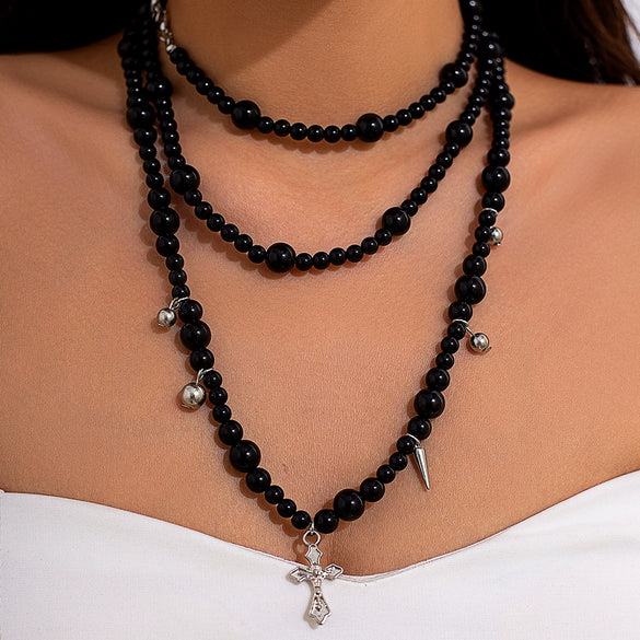 Gothic Dark Acrylic Beads And Alloy Cross Pendant Necklace For Women With Electroplating Treatment