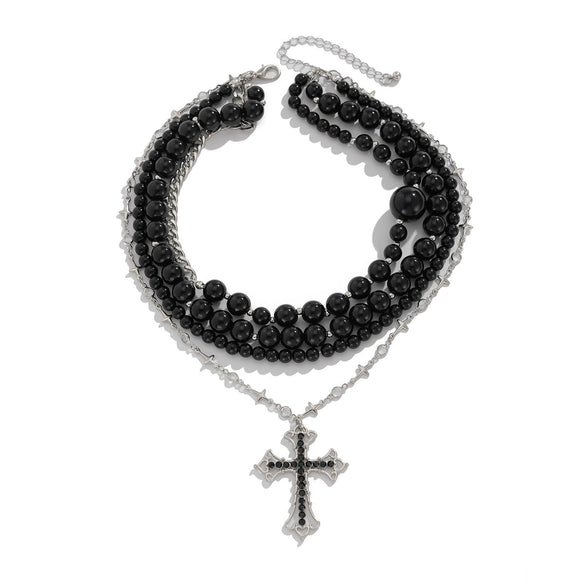 Gothic Dark Acrylic Beads And Alloy Cross Pendant Necklace For Women With Electroplating Treatment