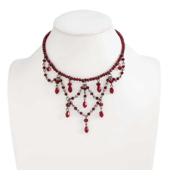 Gothic Dark Red Crystal Beaded Necklace With Blood Drip Tassel Pendant Alloy Clavicle Chain Handmade Beadwork And Lobster Clasp For Women
