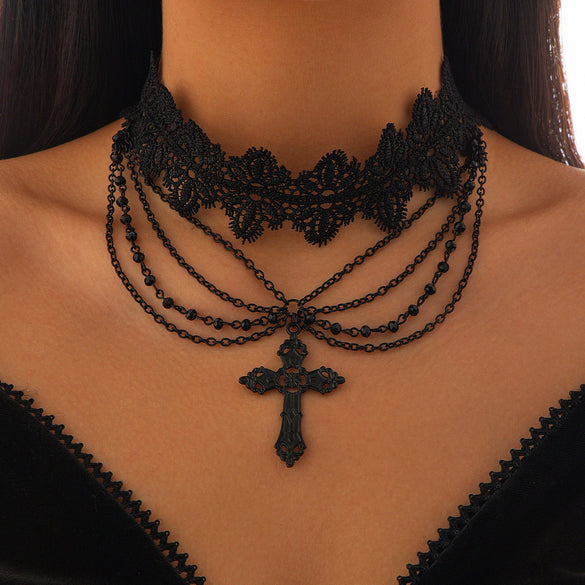 Gothic Dark Style Women's Alloy And Artificial Crystal Beaded Tassel Collar Necklace With Cross And Heart Shape Electroplated