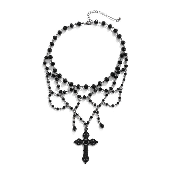 Gothic Dark Style Women's Alloy And Artificial Crystal Beaded Tassel Collar Necklace With Cross And Heart Shape Electroplated