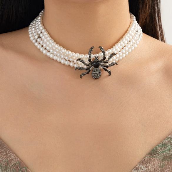 Gothic Dark Wind Simulation Spider Imitation Pearl Alloy Pendant Women's Multi Layer Clavicle Chain Necklace With Ball Chain