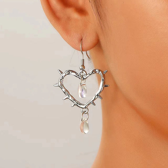 Gothic Handmade Zinc Alloy Heart And Cross Drop Pendant Rivet Punk Women's Earrings