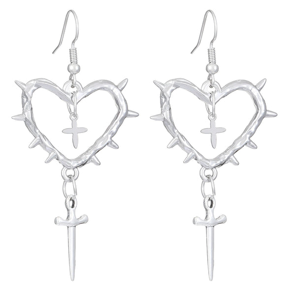 Gothic Handmade Zinc Alloy Heart And Cross Drop Pendant Rivet Punk Women's Earrings