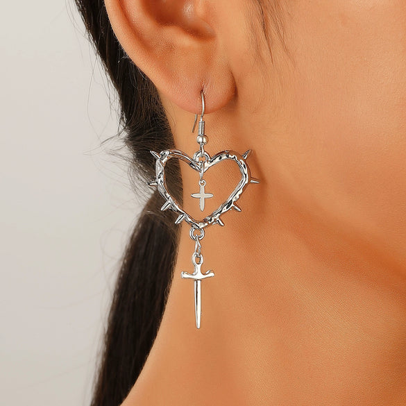 Gothic Handmade Zinc Alloy Heart And Cross Drop Pendant Rivet Punk Women's Earrings
