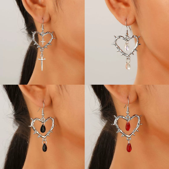 Gothic Handmade Zinc Alloy Heart And Cross Drop Pendant Rivet Punk Women's Earrings