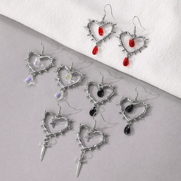 Gothic Handmade Zinc Alloy Heart And Cross Drop Pendant Rivet Punk Women's Earrings