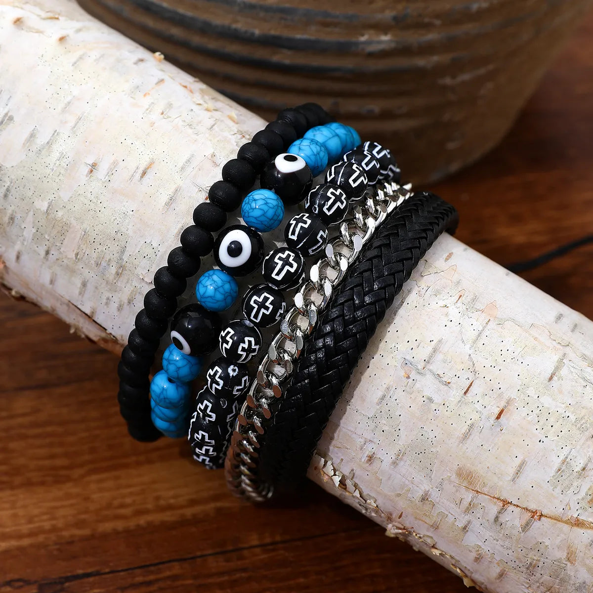 Gothic Hip-Hop Rock Round Devil'S Eye Stone Iron Beaded Men'S Bracelets