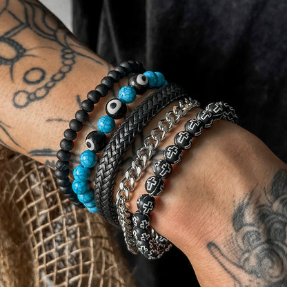 Gothic Hip-Hop Rock Round Devil'S Eye Stone Iron Beaded Men'S Bracelets