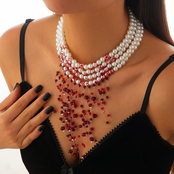 Gothic Imitation Pearl Crystal Tassel Necklace Geometric Style