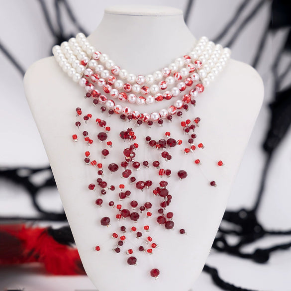 Gothic Imitation Pearl Crystal Tassel Necklace Geometric Style