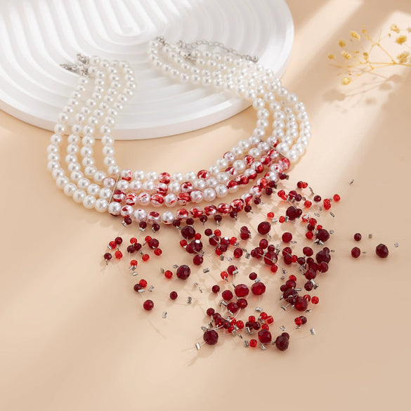Gothic Imitation Pearl Velvet Crystal Geometric Tassel Ball Chain Necklace With Electroplating For Women