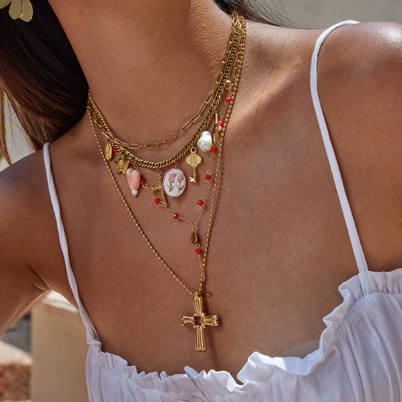 Gothic Punk Style Multilayered Cross Stainless Steel Necklace With Geometric Pattern And Electroplating