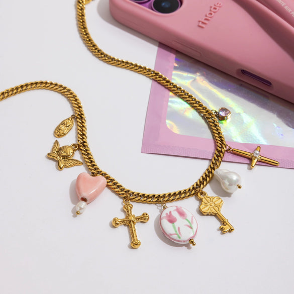 Gothic Punk Style Multilayered Cross Stainless Steel Necklace With Geometric Pattern And Electroplating