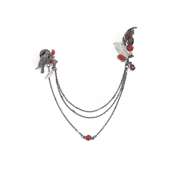 Gothic Rhinestone Rose Feather Tassel Chain Brooch Pin Alloy Floral Pendant With Distressed Finish For Women