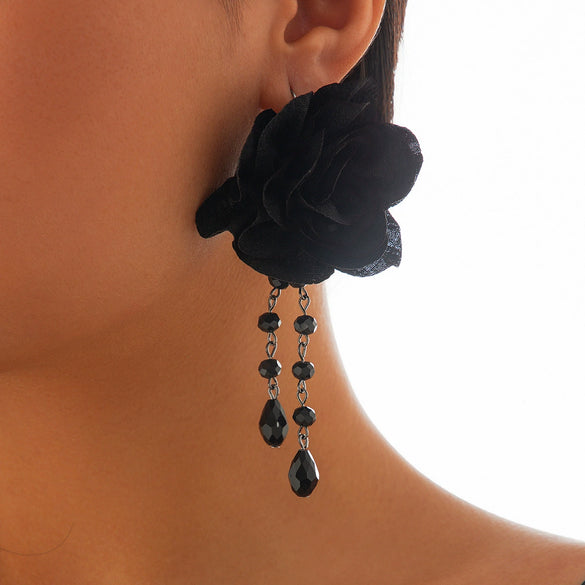 Gothic Style Dark Black Lace Handmade Chain Artificial Crystal Rose Flower Tassel Choker Necklace
