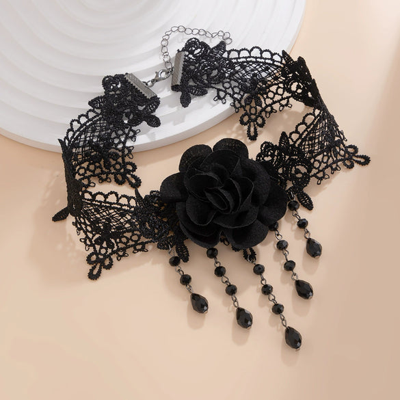 Gothic Style Dark Black Lace Handmade Chain Artificial Crystal Rose Flower Tassel Choker Necklace