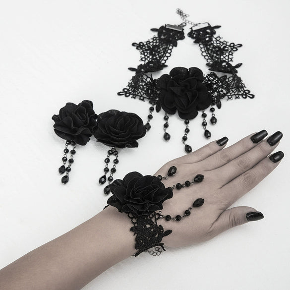 Gothic Style Dark Black Lace Handmade Chain Artificial Crystal Rose Flower Tassel Choker Necklace