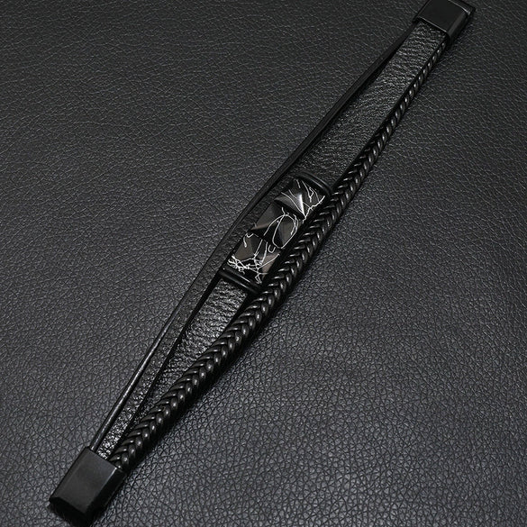 Gothic Style Magnetic Buckle Handwoven Leather Men's Bracelet With Geometric Pattern And Crack Gold Word
