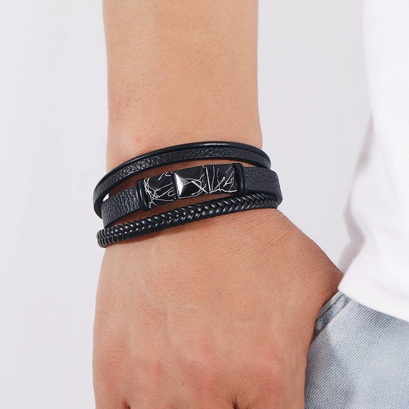 Gothic Style Magnetic Buckle Handwoven Leather Men's Bracelet With Geometric Pattern And Crack Gold Word